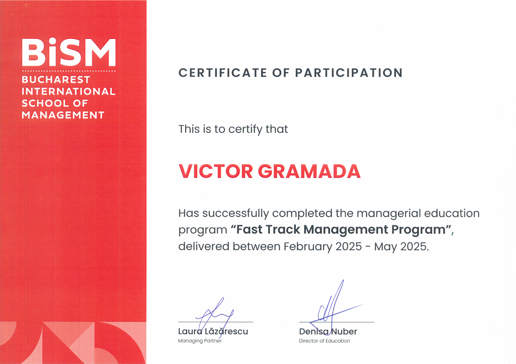 Fast Track Management Program Certificate from BISM