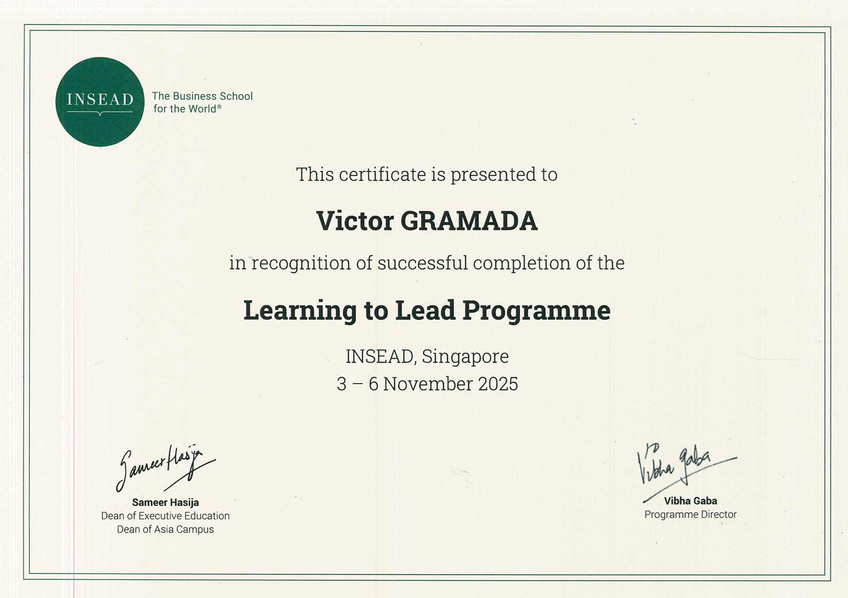 Learning to Lead Programme Certificate from INSEAD